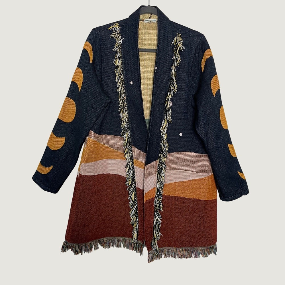Earthbound Trading Cardigan Navy Blue Orange Celestial Moon Desert Fringe Sz M